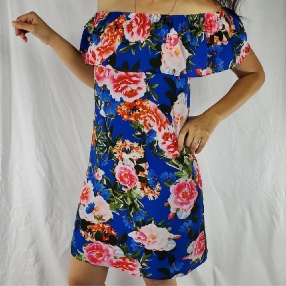 Off the shoulder, short floral dress.